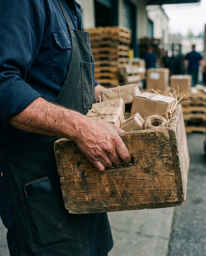 A worker carrying a crate of wrapped parcels, their phone tucked away in an apron pocket
